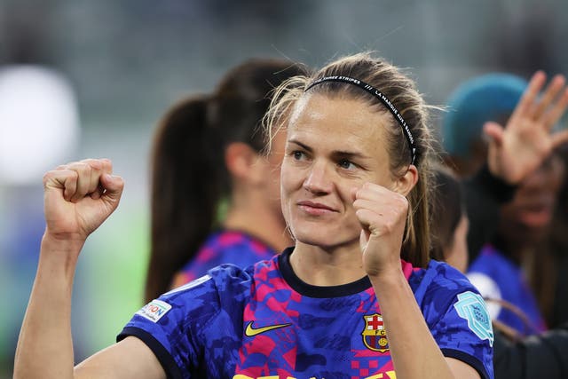 <p>Barcelona’s Irene Paredes celebrates her side’s semi-final win against Wolfsburg</p>