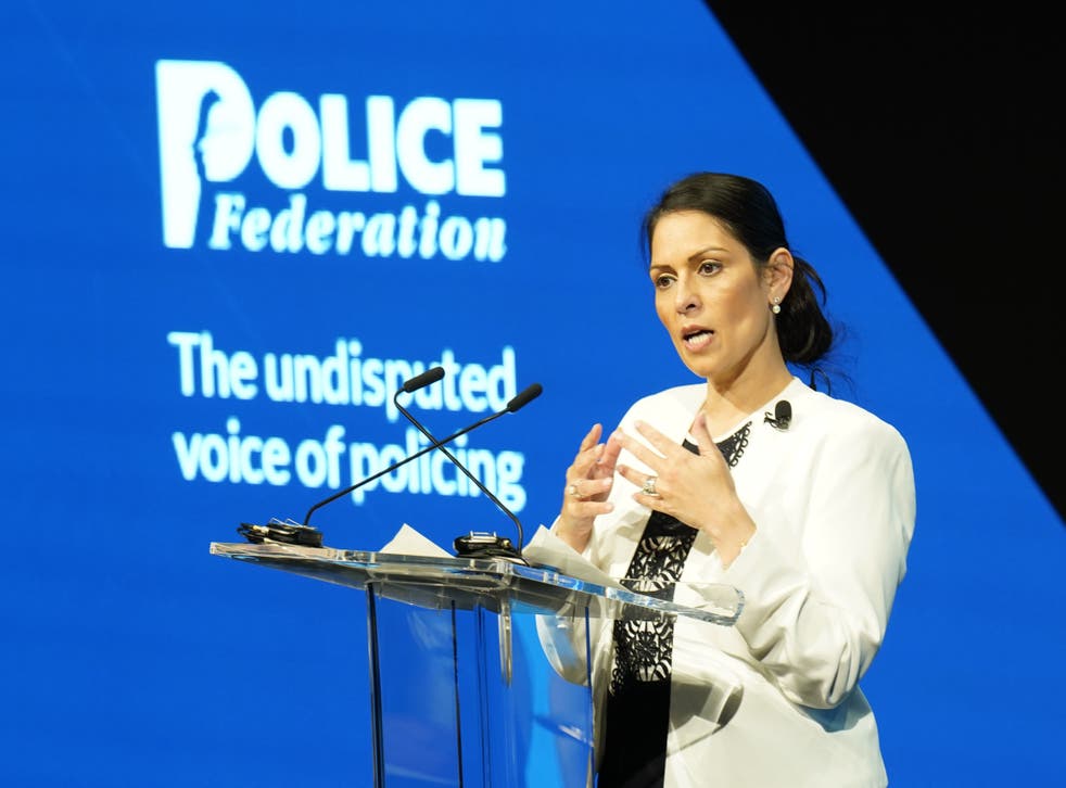 Home Secretary Priti Patel speaking at the annual conference of the Police Federation of England and Wales at the Central Convention Complex in Manchester. Picture date: Tuesday May 17, 2022 (Danny Lawson/PA)