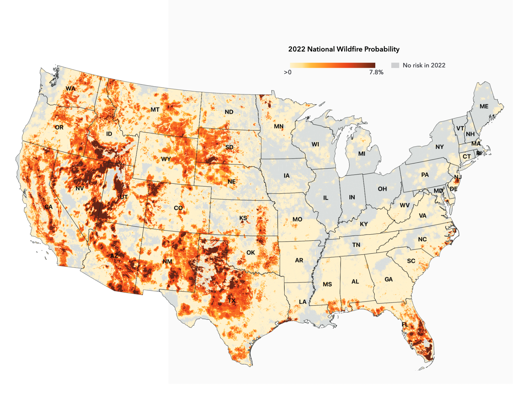 <p>A map of wildfire risk across the US</p>