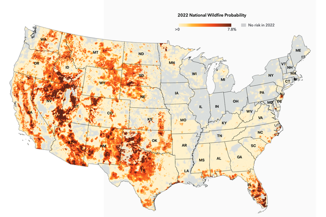 <p>A map of wildfire risk across the US</p>