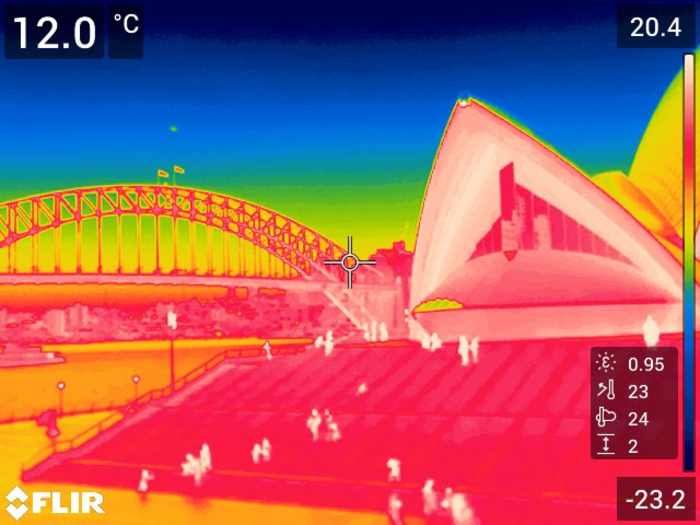 An infrared image of the Sydney Opera House and Sydney Harbour Bridge