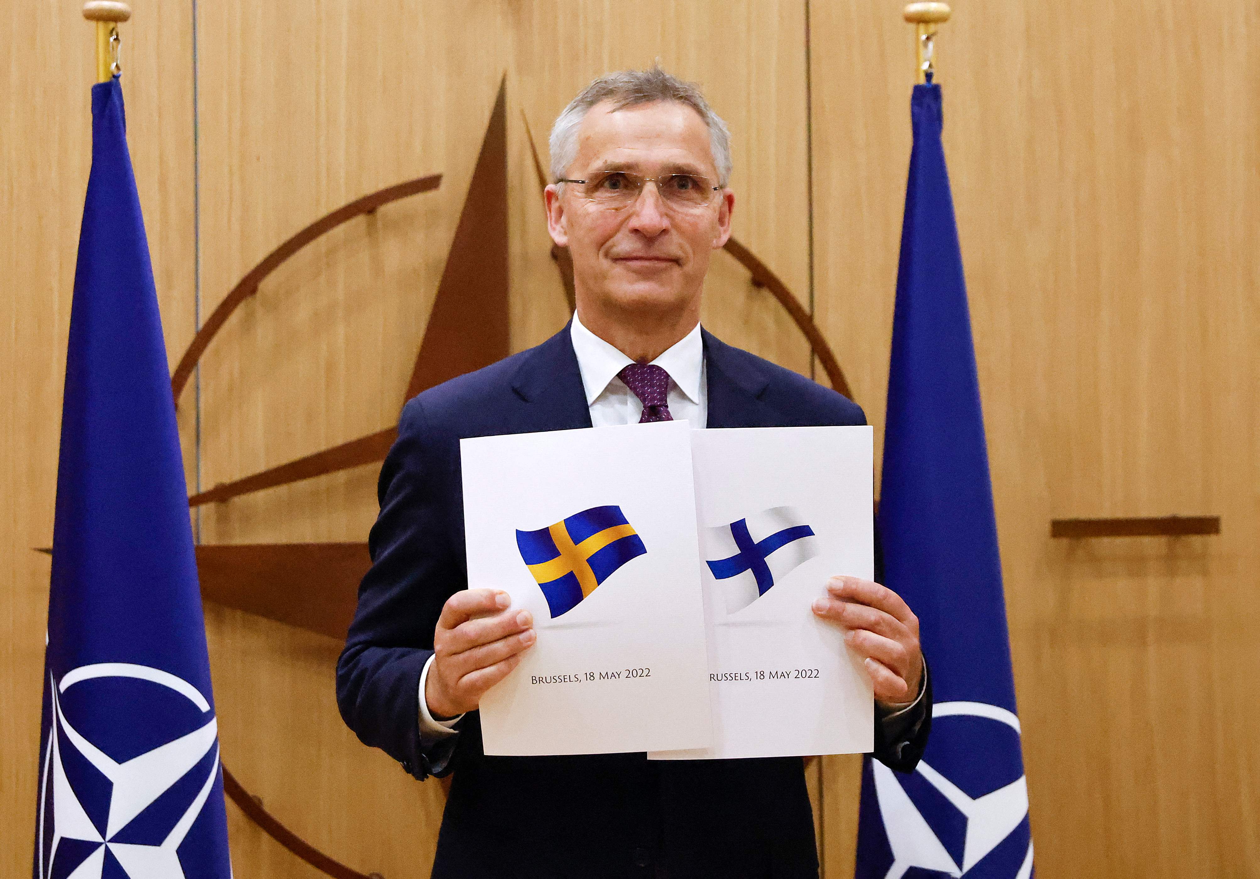 Nato Secretary-General Jens Stoltenberg poses during a ceremony to mark Sweden’s and Finland’s application for membership in Brussels