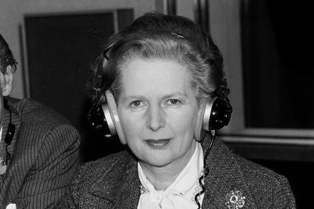 Prime Minister Margaret Thatcher wears earphones during an interview at the BBC’s Broadcasting House in March 1982 (PA)