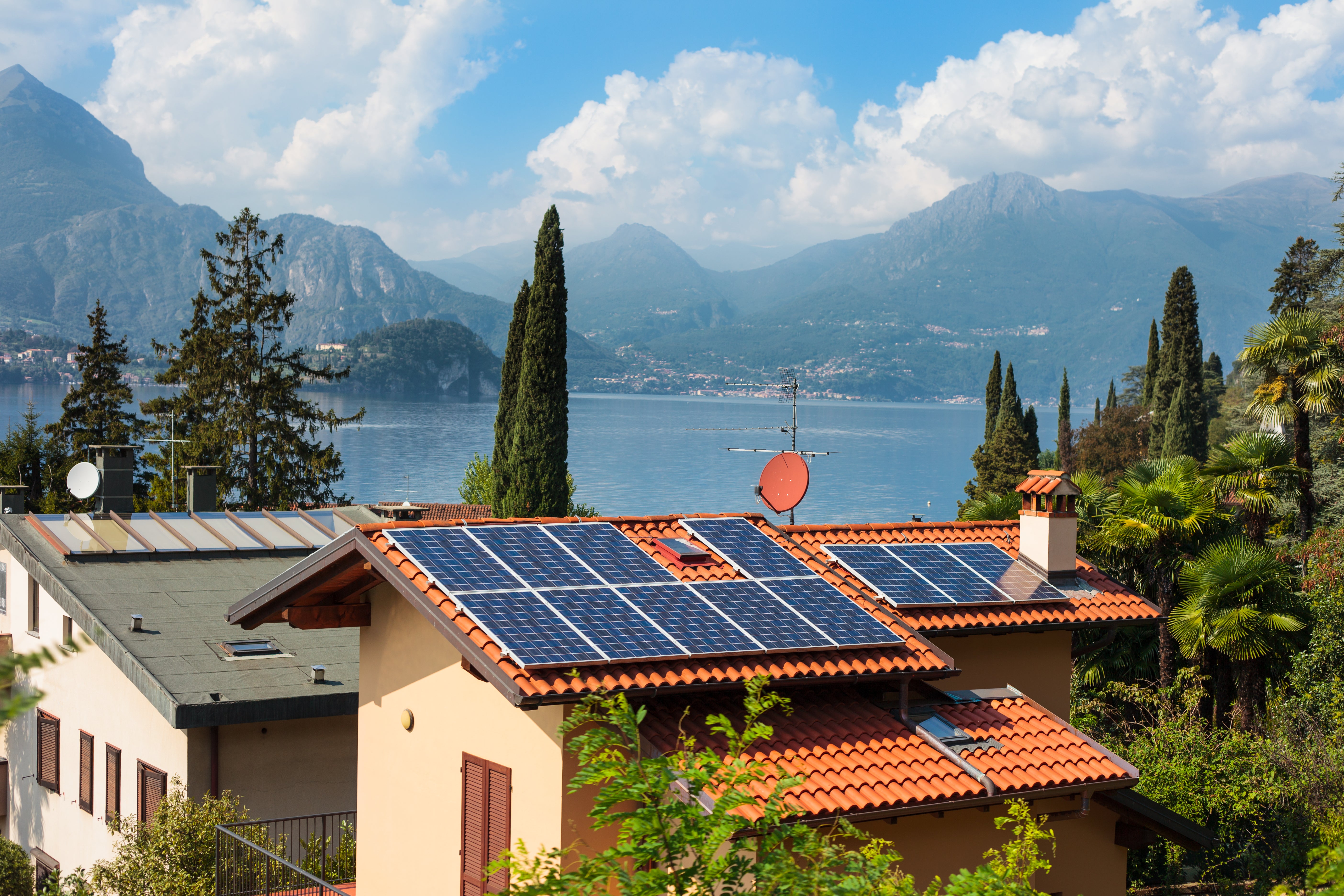 A house with solar cells on the shores of Lake Como, Italy