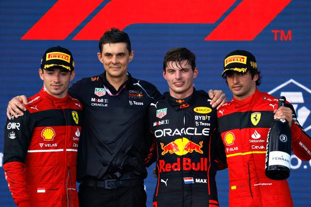 <p>Max Verstappen (centre right) with Ferrari’s Charles Leclerc (left) and Carlos Sainz (right)</p>