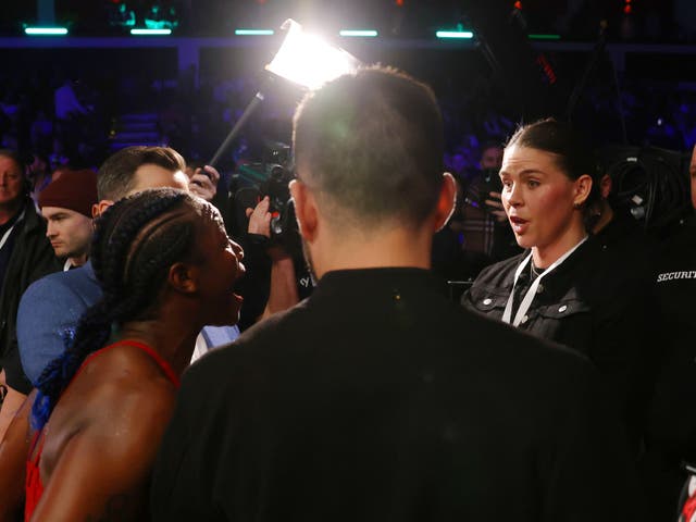 <p>Claressa Shields (left) and Savannah Marshall exchange words in February</p>