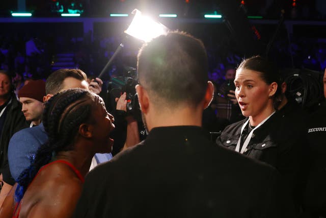 <p>Claressa Shields (left) and Savannah Marshall exchange words in February</p>
