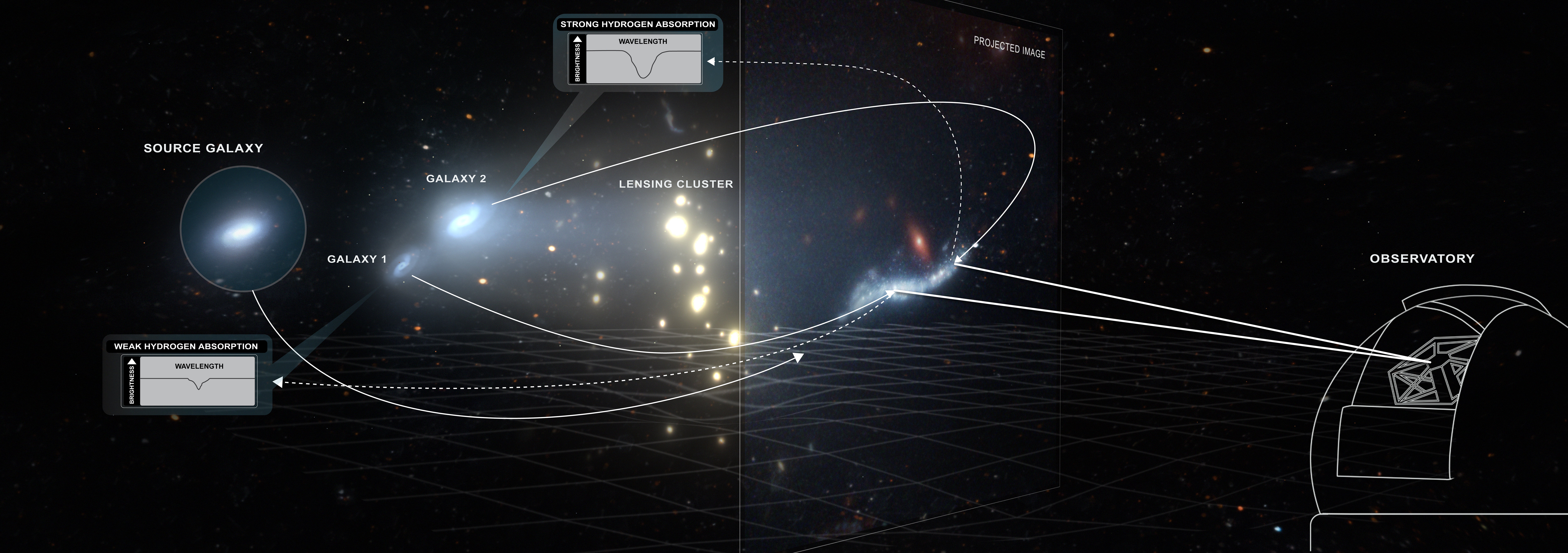 An artist’s rendering shows how a cluster of galaxies (lensing cluster) acts as a gravitational lens that magnifies and extends the light from a background galaxy. This results in a projected image (marked in the rectangle panel) that is brighter and easier to detect with a telescope. This allowed astronomers to use Keck Observatory’s KCWI instrument to zoom in on the projected image and map out the gas of two giant DLAs that are two-thirds the size of the Milky Way.