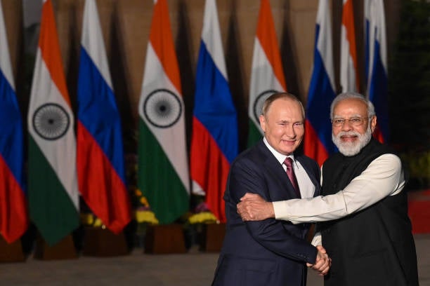 India’s prime minister Narendra Modi greets Russian president Vladimir Putin in December 2021