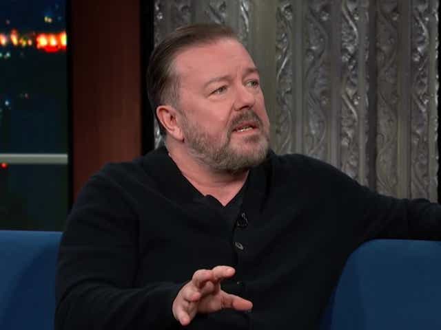 <p>Ricky Gervais on ‘The Late Show with Stephen Colbert’ </p>