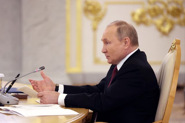 <p>Russian president Vladimir Putin speaking on Monday</p>
