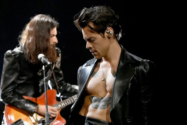 <p>Harry Styles performs onstage during the 63rd Annual Grammy Awards in Los Angeles on 14 March 2021</p>