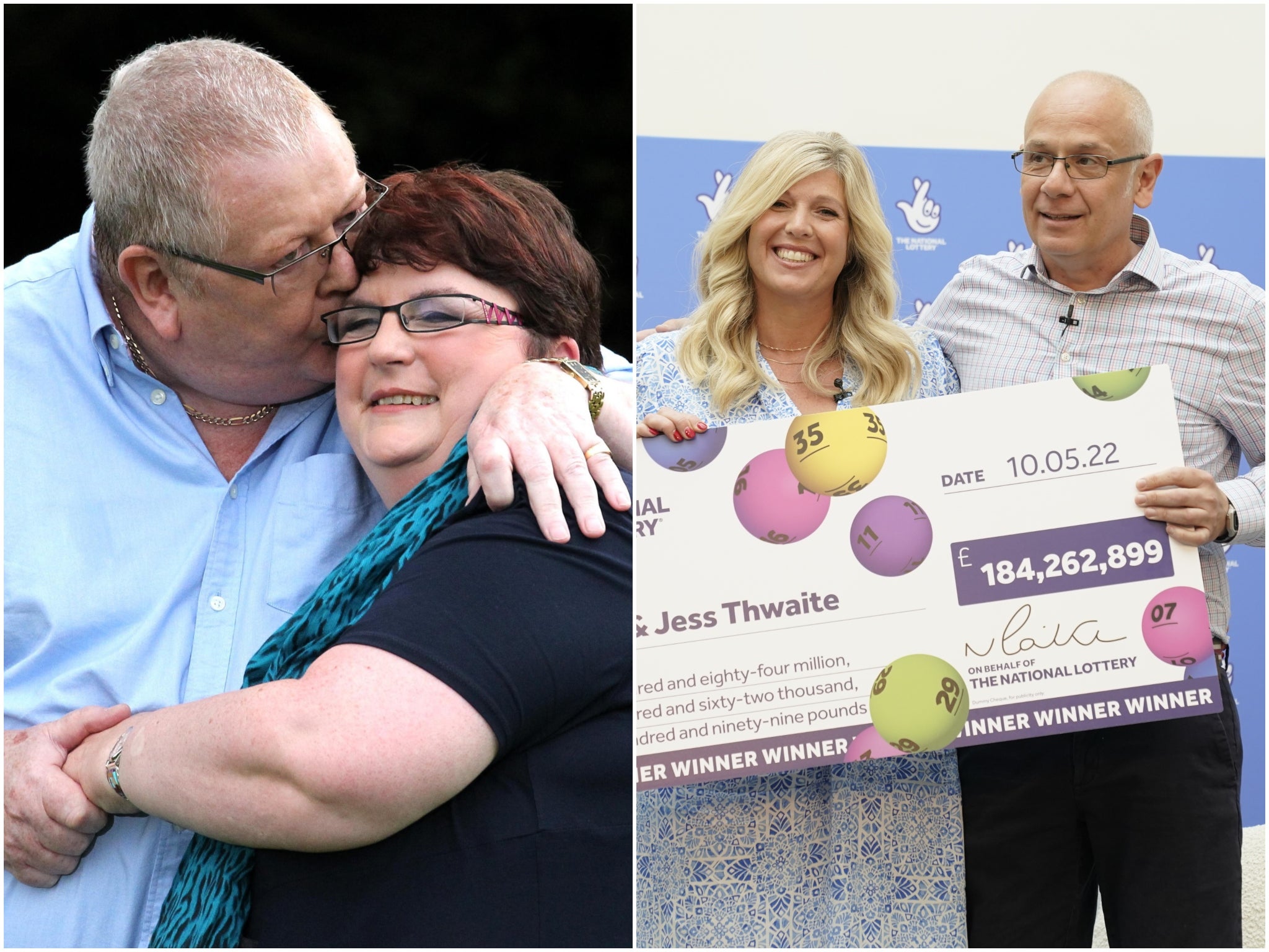 Colin and Chris Weir after their £161 million win in 2011 (left), and Joe and Jess Thwaite after their £184 million win in 2022 (right)