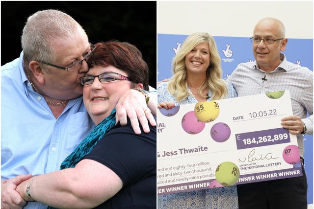 <p>Colin and Chris Weir after their £161 million win in 2011 (left), and Joe and Jess Thwaite after their £184 million win in 2022 (right)</p>