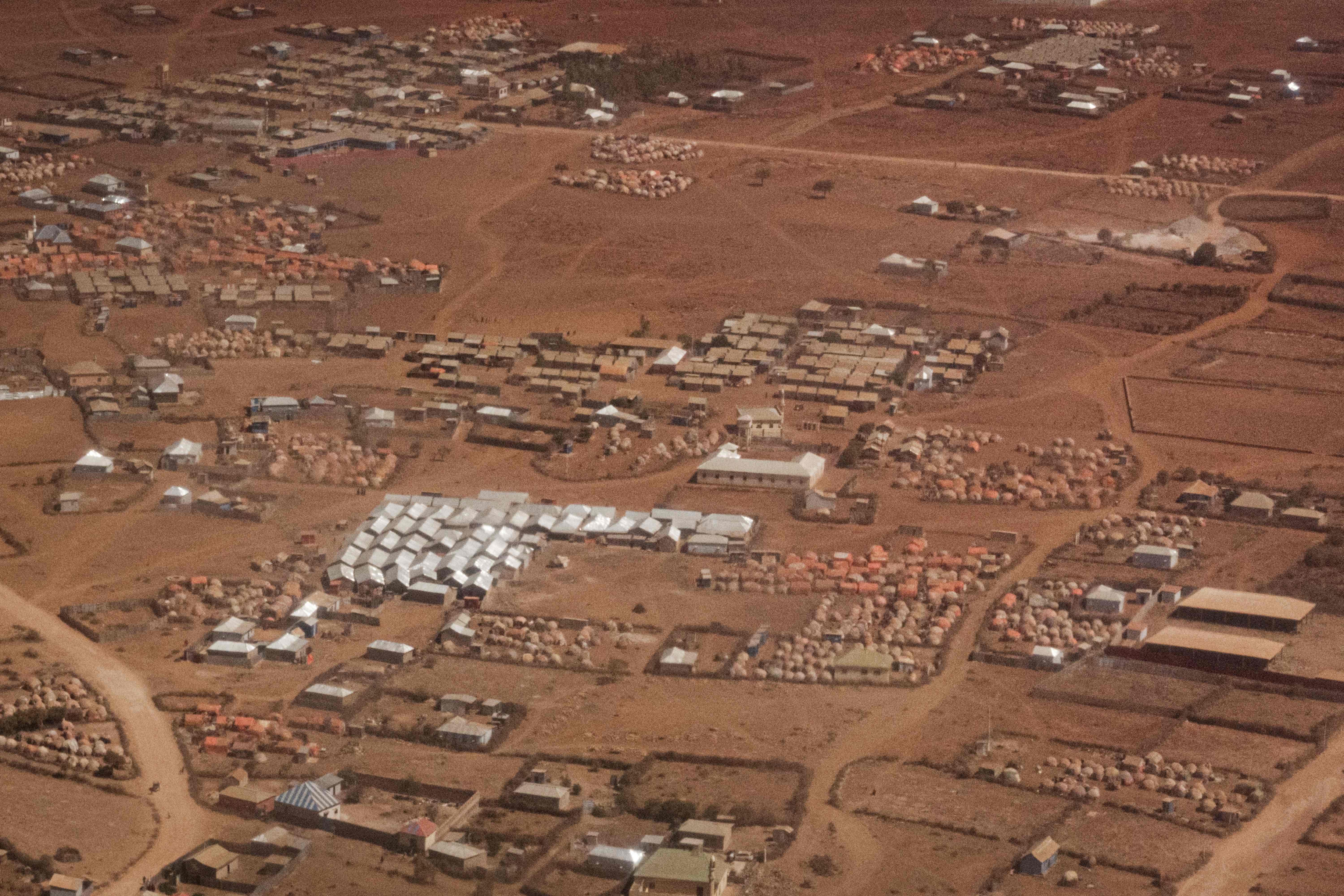 An aerial view of camps for internally displaced persons (IDPs) in Baidoa, Somalia, on 15 February, 2022
