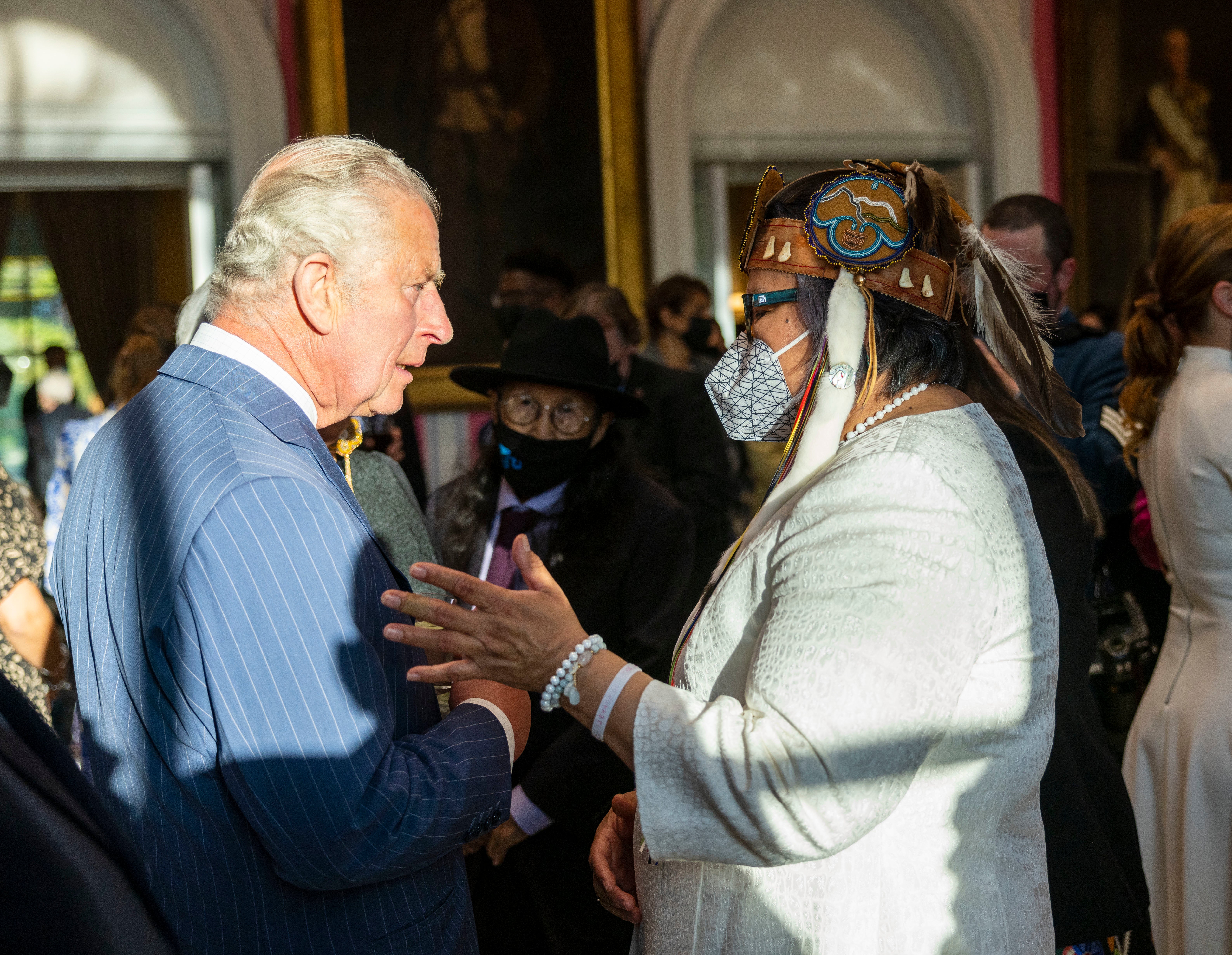 Prince Charles meets RoseAnne Archibald, national chief of the Assembly of First Nations, during his tour of Canada