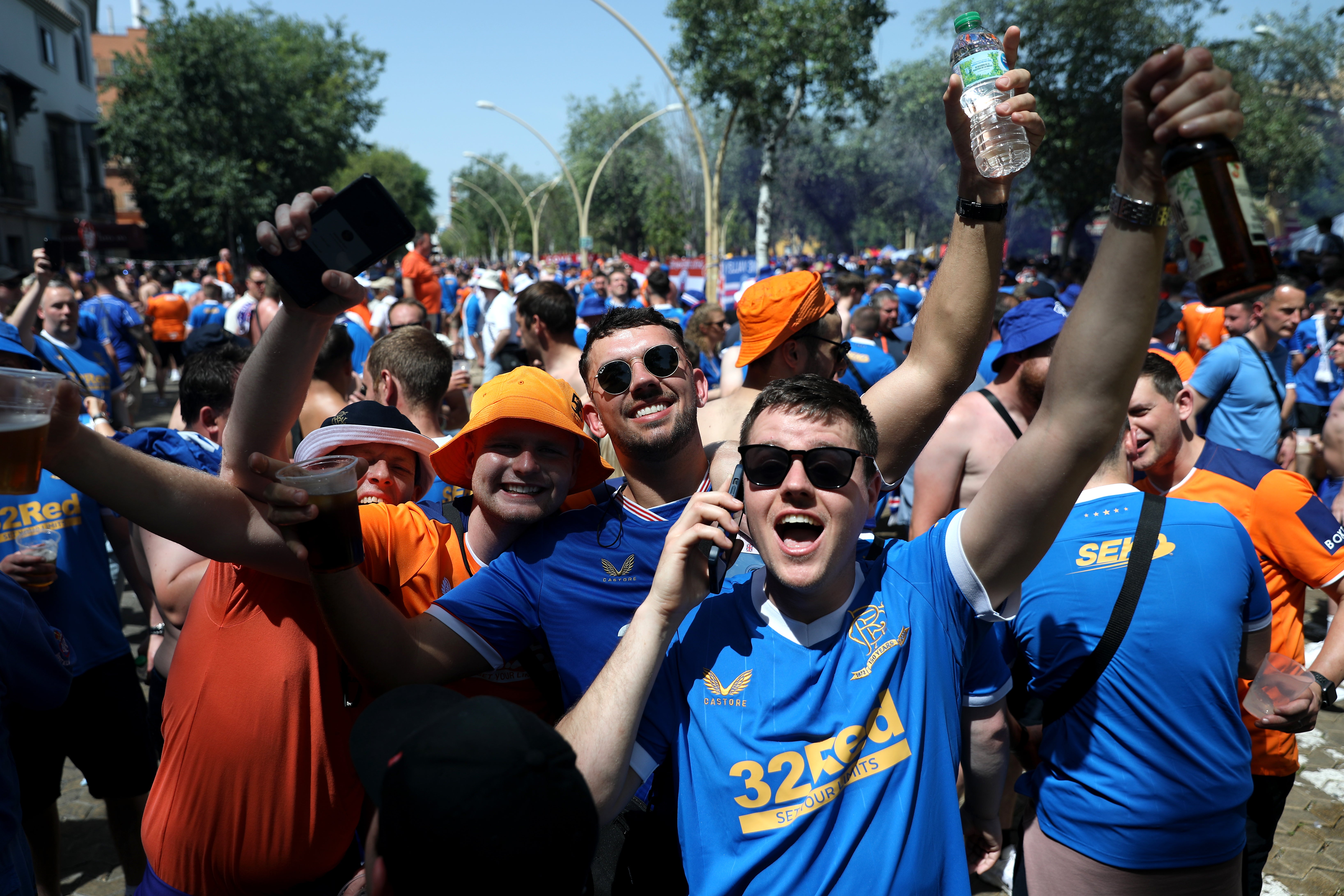 Rangers fans in the Alameda de Hercules before the final (Isabel Infantes/PA)