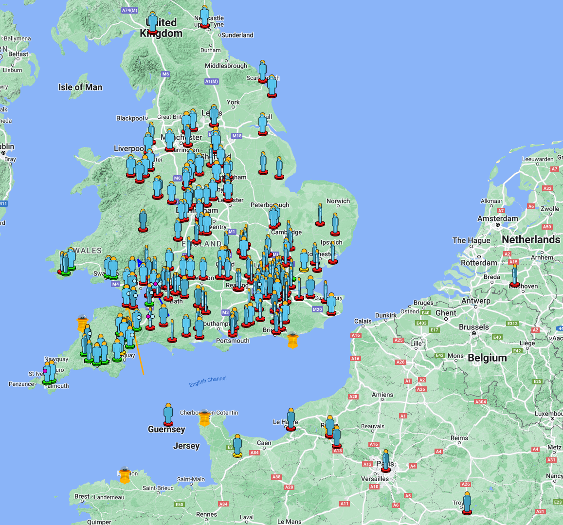 An annotated map showing the locations of public sightings of the meteor fireball