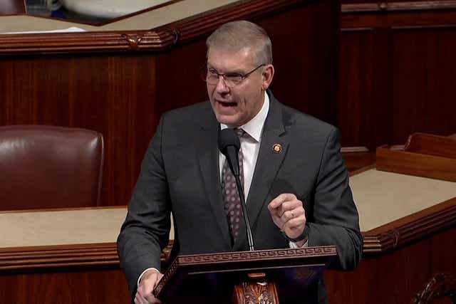 <p>Rep. Barry Loudermilk (R-GA) speaks ahead of a vote on two articles of impeachment against U.S. President Donald Trump on Capitol Hill in Washington, U.S., in a still image from video December 18, 2019</p>