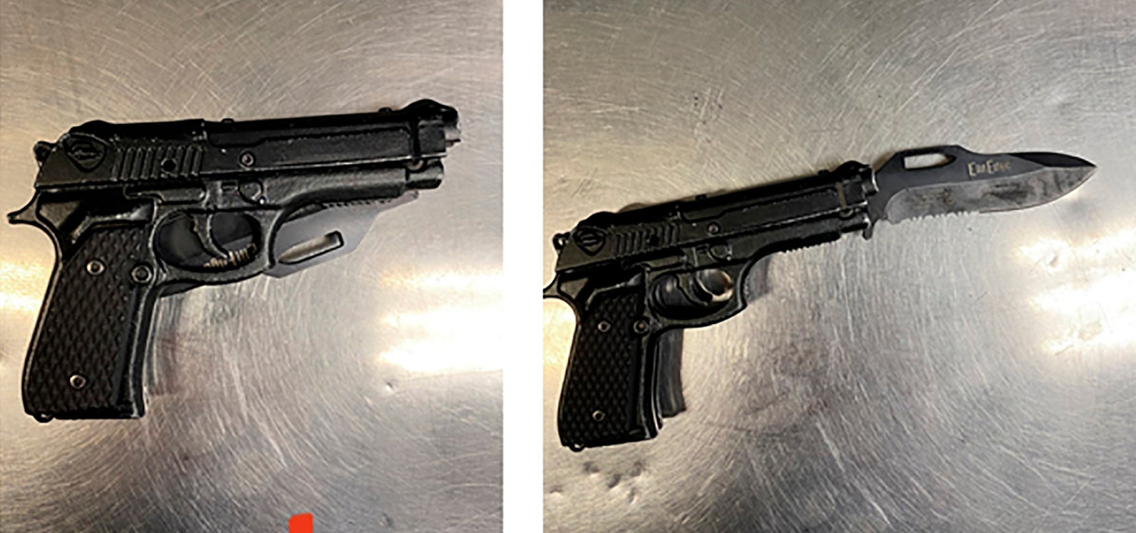 This photo combination provided by the Los Angeles Police Department shows Lee’s fake handgun with a real knife blade