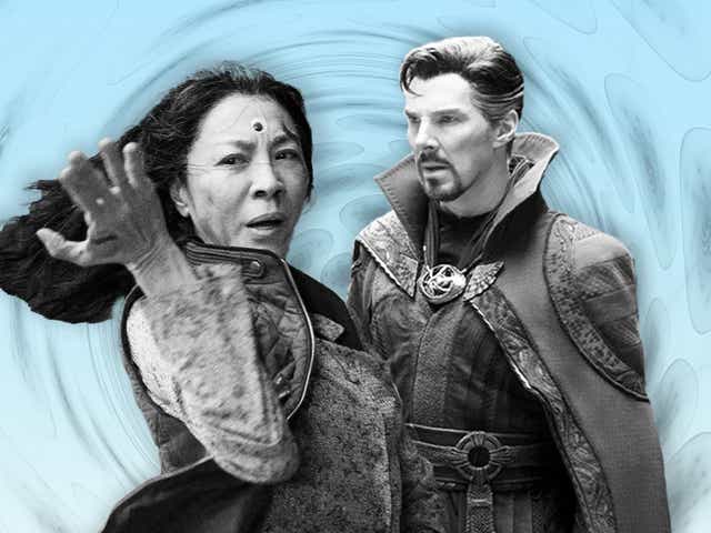 <p>Multiversatile: Michelle Yeoh in ‘Everything Everywhere All At Once’ and Benedict Cumberbatch in ‘Doctor Strange 2'</p>