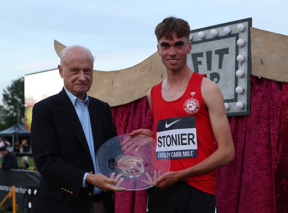 <p>Matthew Stonier after winning the Mens’ Nike Emsley Carr Mile</p>
