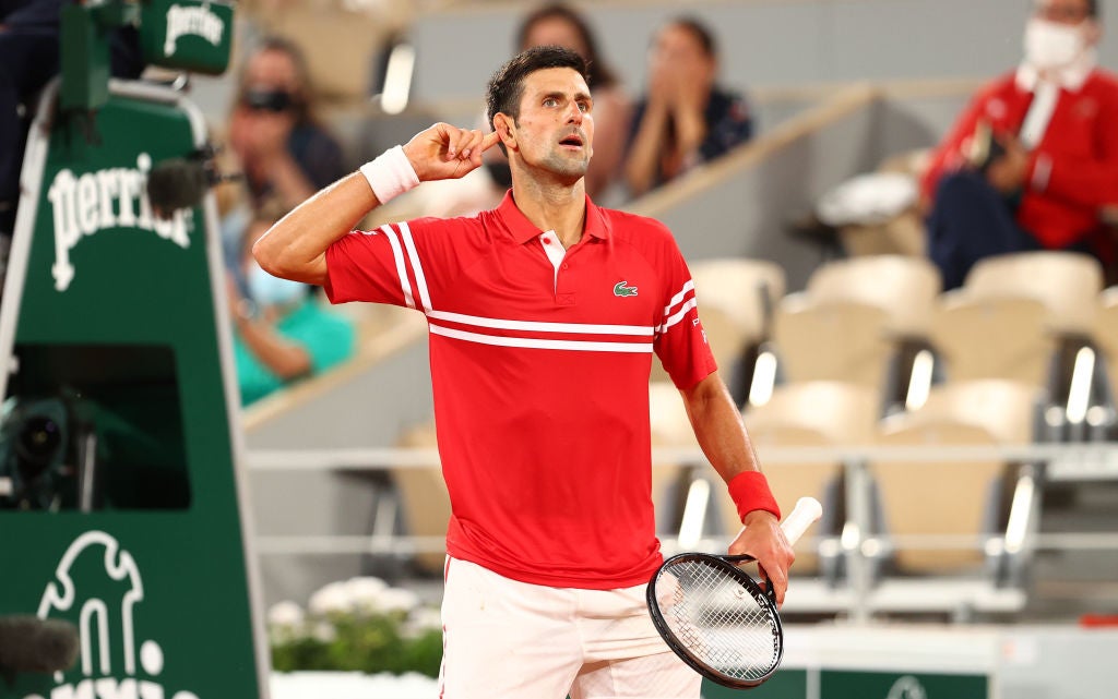 Novak Djokovic reacts to the crowd as he takes on Rafael Nadal at last year’s French Open