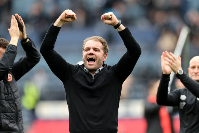 Hearts boss Robbie Neilson celebrates reaching the Scottish Cup final. (Steve Welsh/PA)