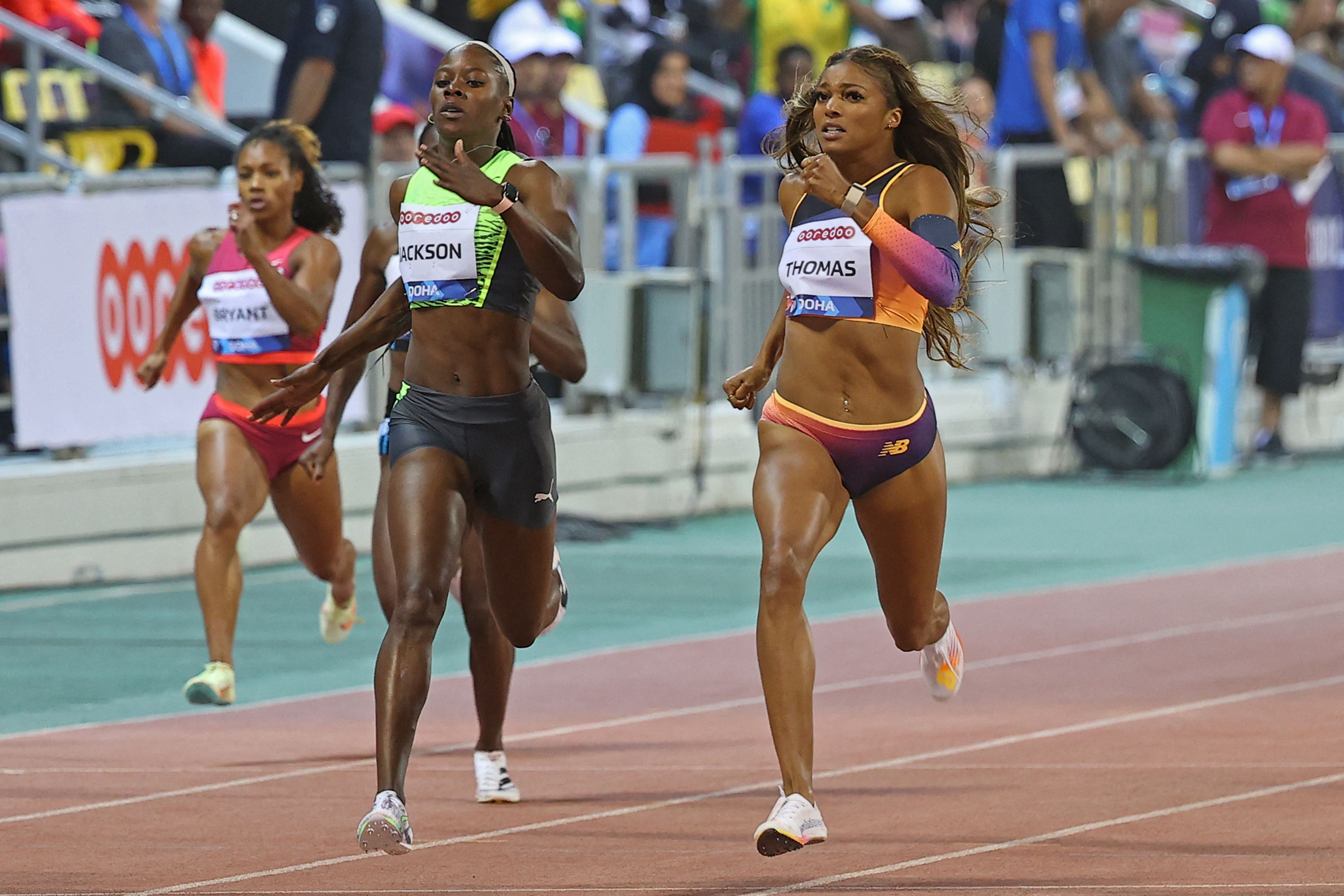 Gabby Thomas and Shericka Jackson compete in the women’s 200m at the Doha Diamond League last week