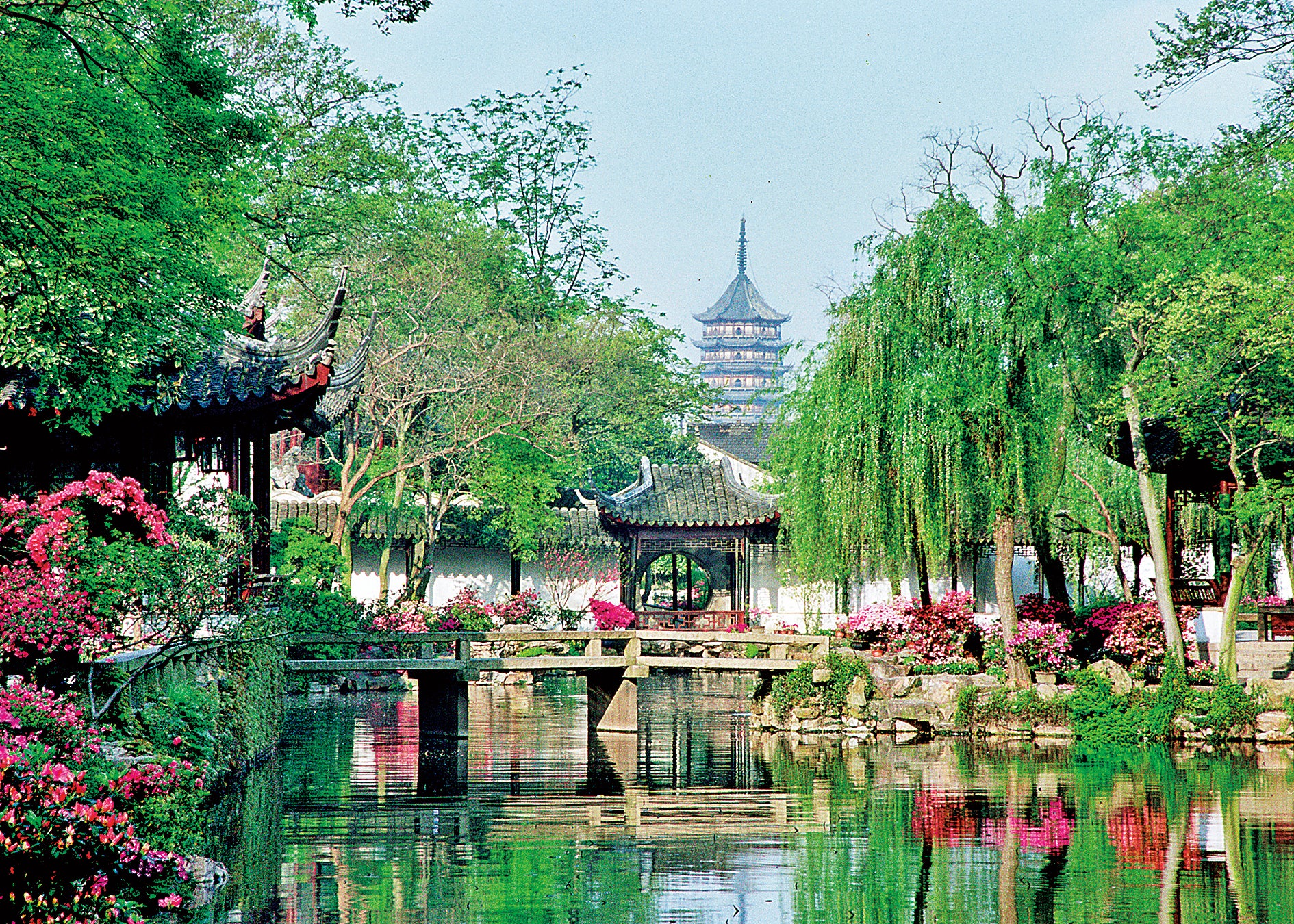 A tower in the distance is part of the view at the Humble Administrator’s Garden in Suzhou