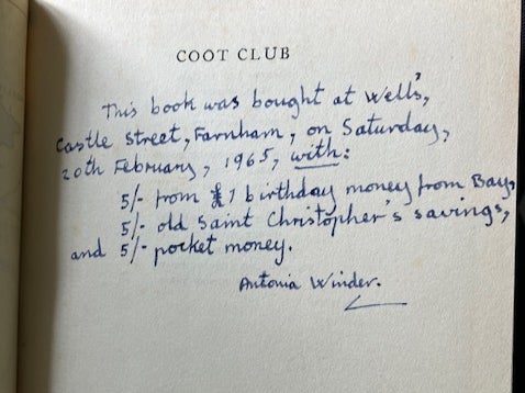 The inscription inside a copy of Arthur Ransome’s ‘Coot Club’