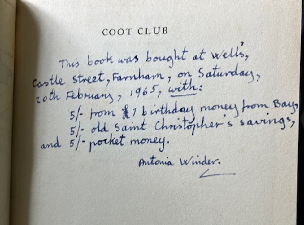 <p>The inscription inside a copy of Arthur Ransome’s ‘Coot Club’ </p>