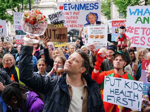 <p>Jamie Oliver at his ‘Eton Mess’ protest outside Downing Street on Friday 20 May</p>