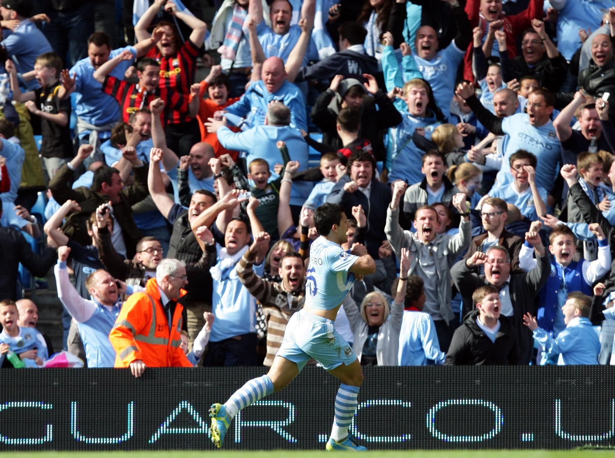 City’s Sergio Aguero celebrates his stoppage-time winner against QPR in 2012