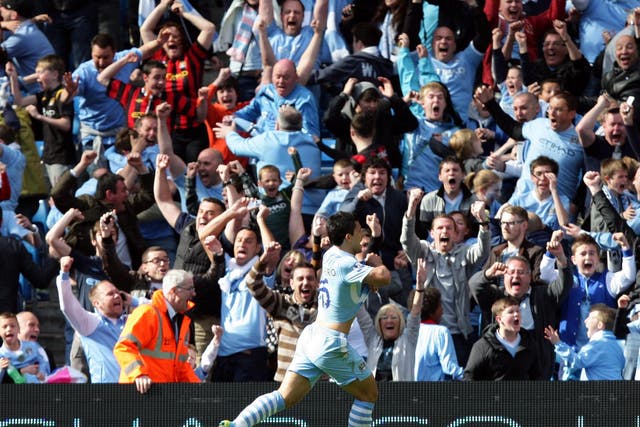Manchester City’s Sergio Aguero celebrates his stoppage-time winner against QPR which clinched the 2011-12 Premier League title (Dave Thompson/PA)