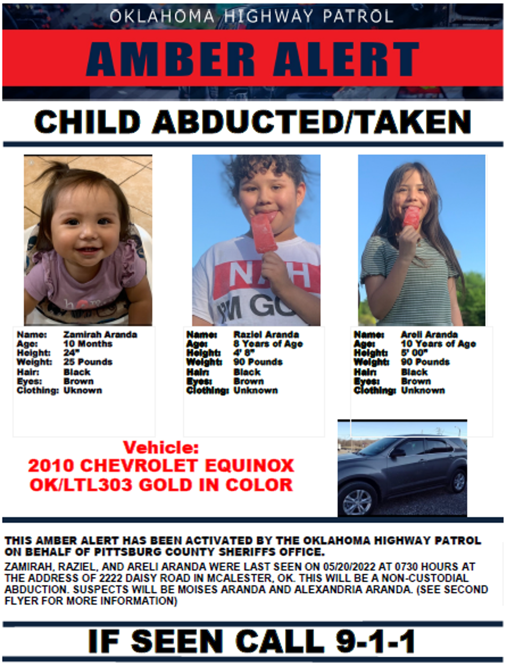 Oklahoma police issue amber alert for three abducted children