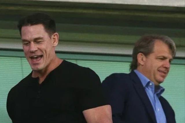 <p>John Cena and Todd Boehly at Stamford Bridge</p>