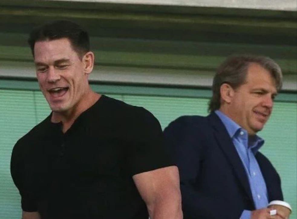 <p>John Cena and Todd Boehly at Stamford Bridge</p>