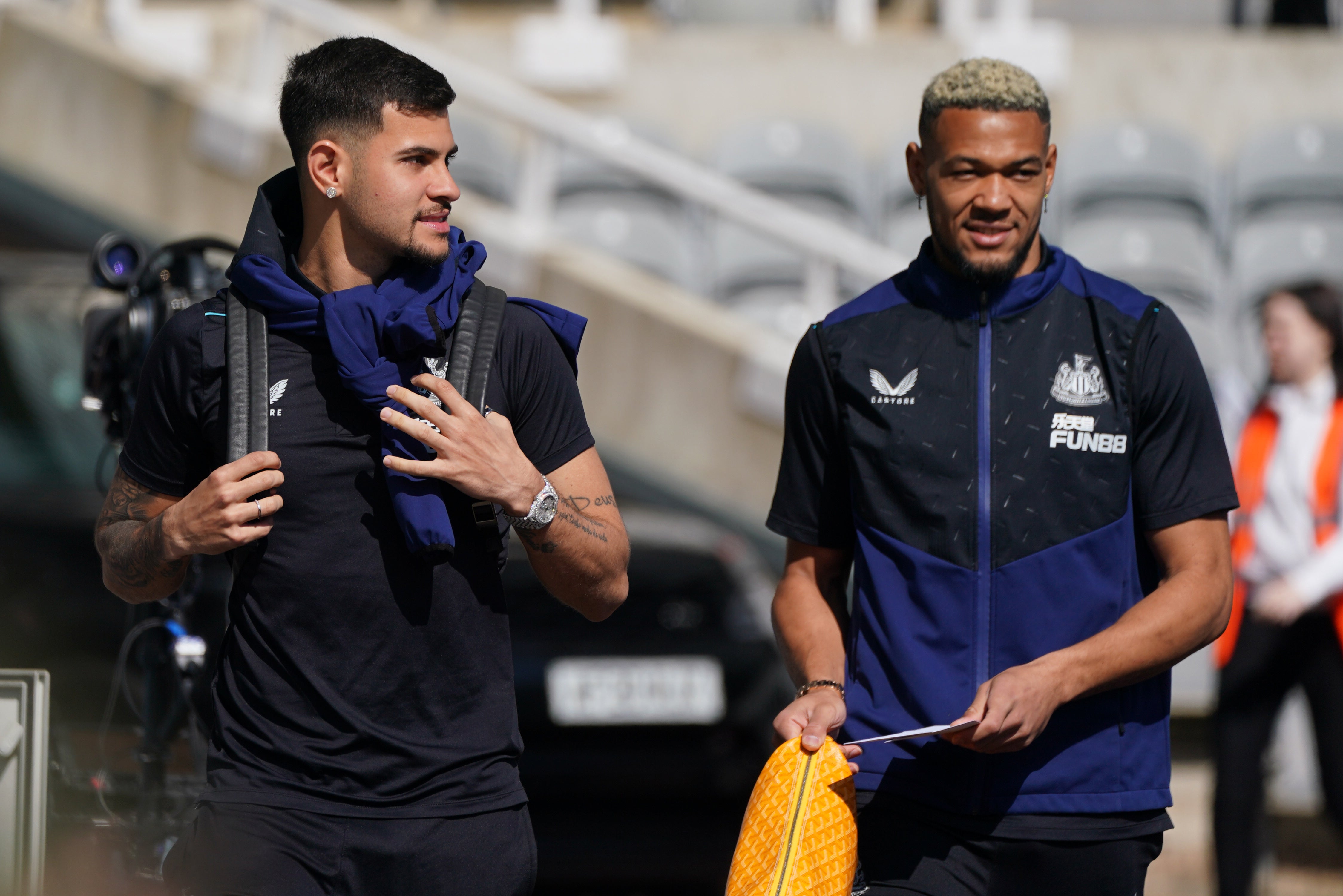 Newcastle team-mates Bruno Guimaraes and Joelinton (Owen Humphreys/PA)