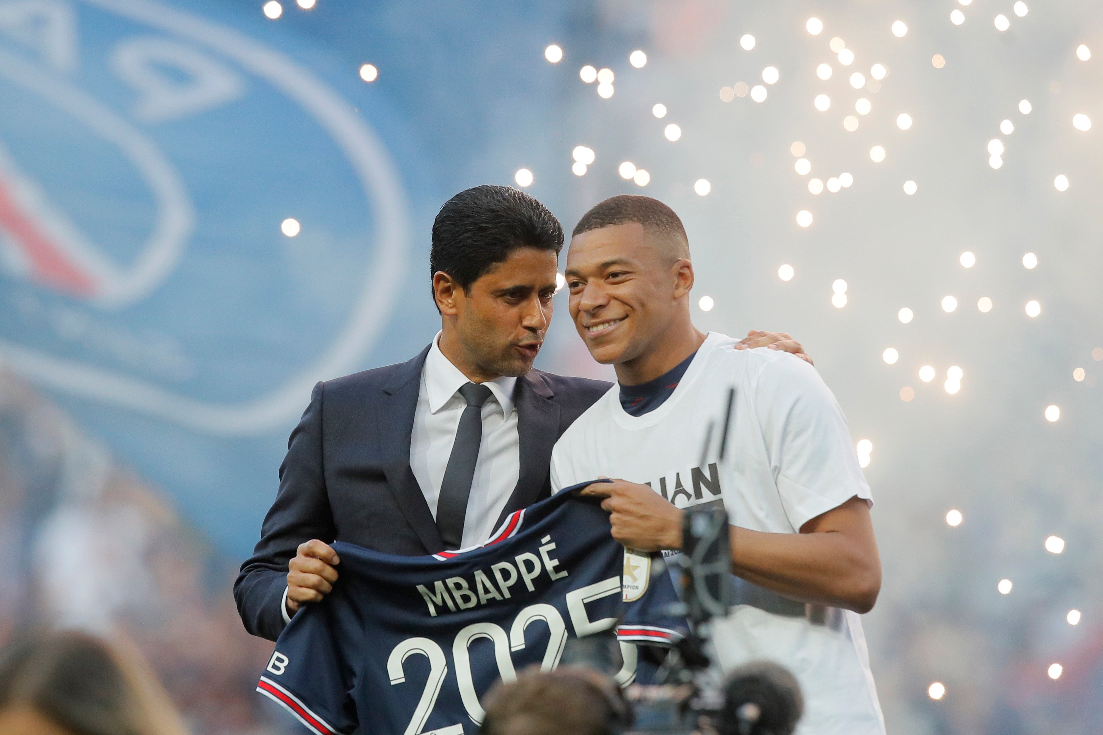 PSG president Nasser Al-Khelaifi celebrates Kylian Mbappe’s new contract at the Parc des Princes stadium on Saturday