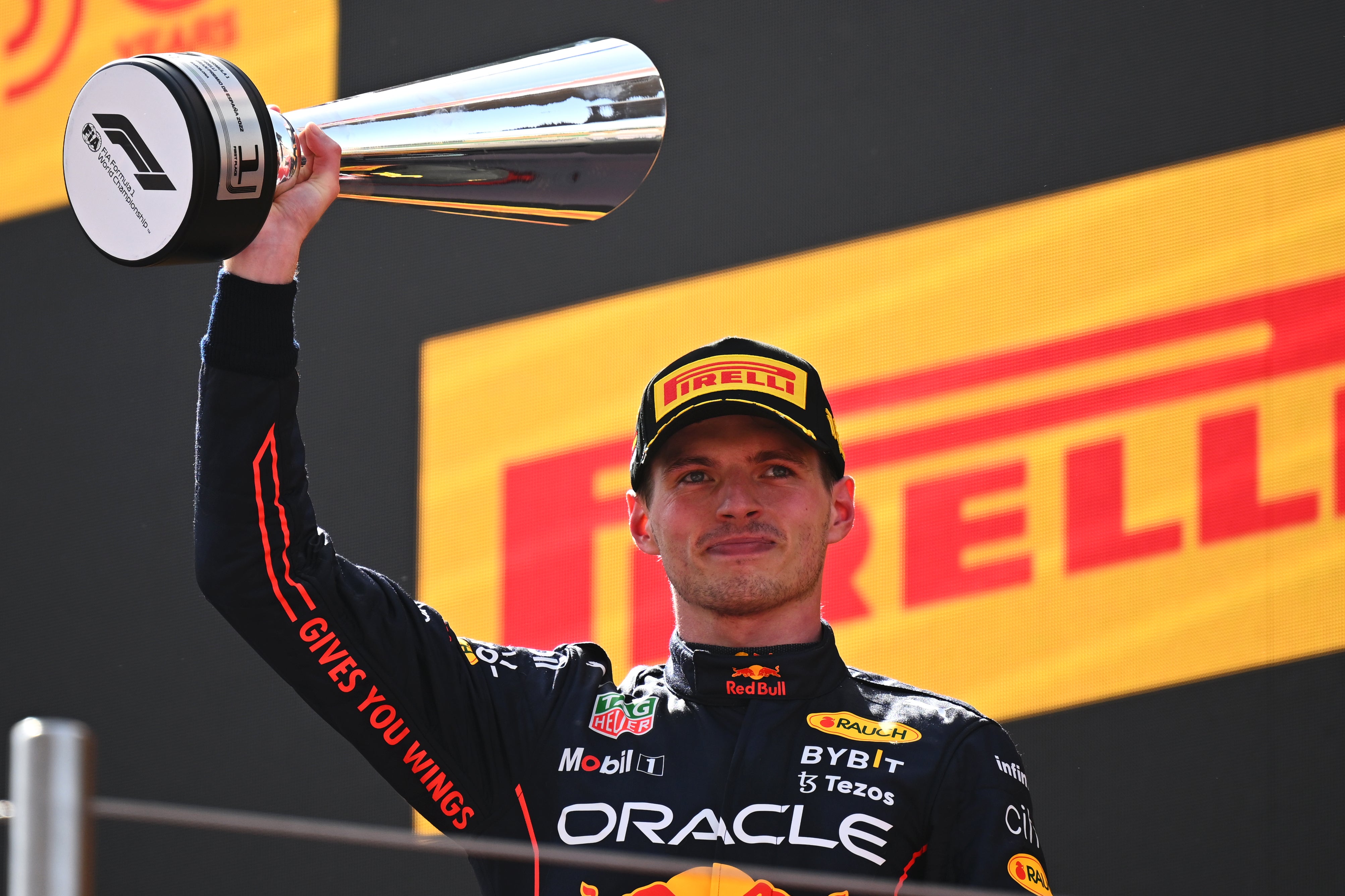 Max Verstappen celebrates his win at a sweltering Circuit de Catalunya