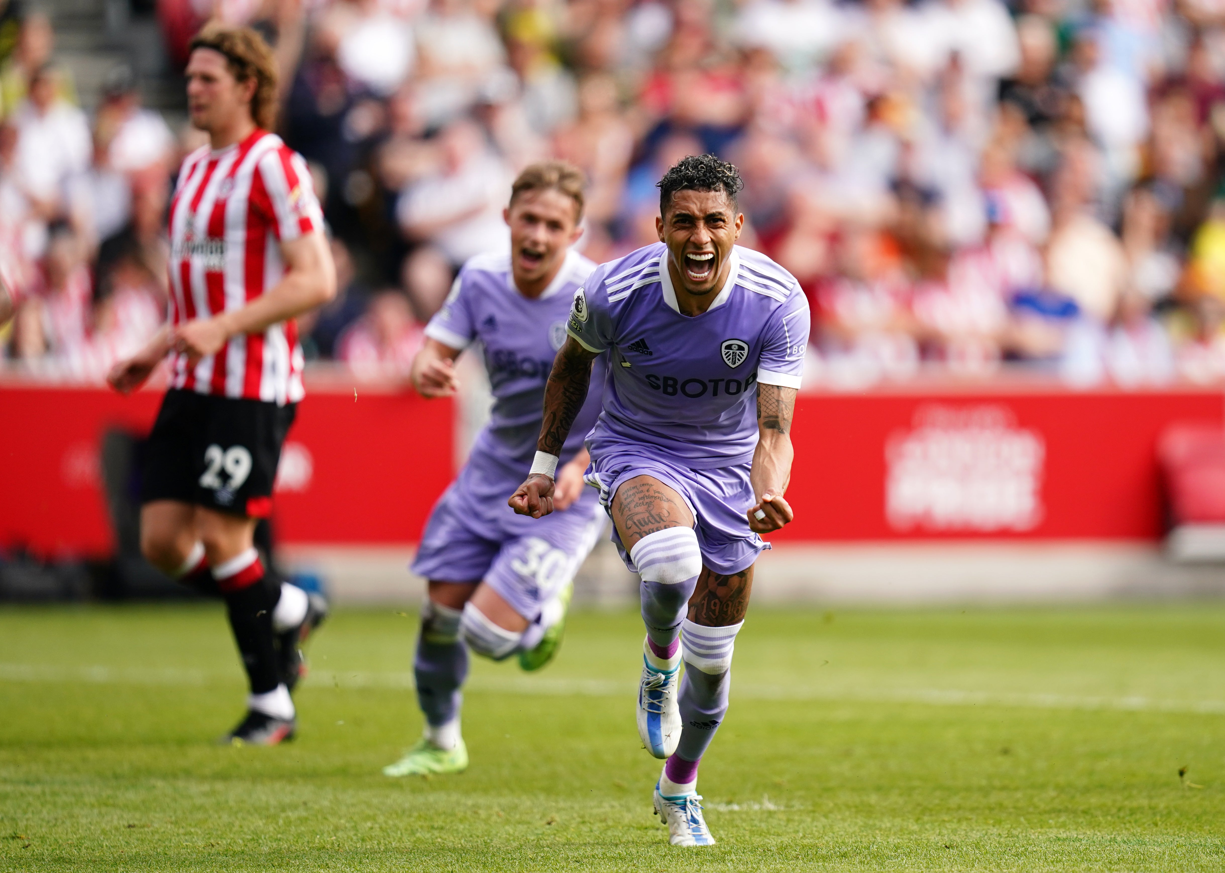 Raphinha celebrates scoring Leeds’ opener from the penalty spot in a 2-1 win at Brentford (John Walton/PA Images).