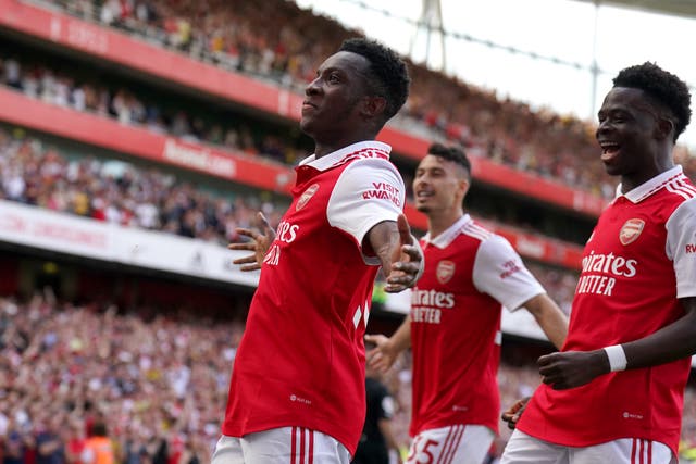 Eddie Nketiah celebrates scoring Arsenal’s second in their 5-1 win over Everton
