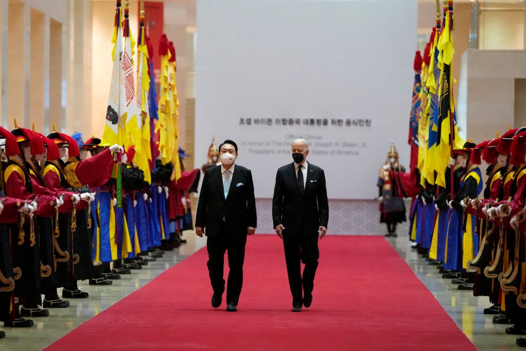 Joe Biden meets with South Korea’s president, Yoon Suk-yeol, in Seoul.