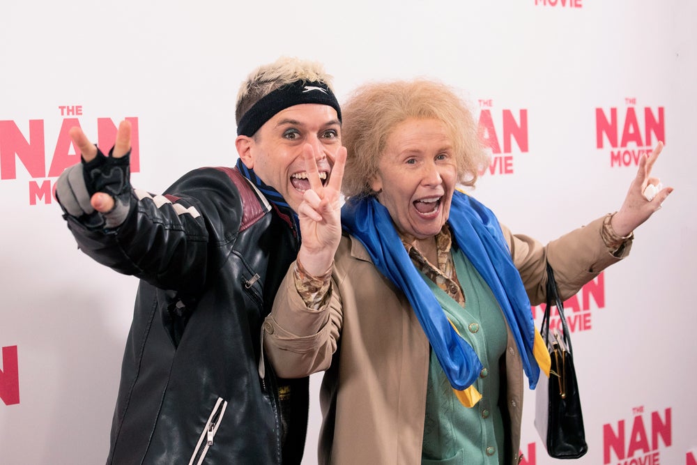 Catherine Tate in character as Nan (left) and Pete Bennett arrive for the special screening of The Nan at the Ham Yard Hotel, Soho, central London. Picture date: Tuesday March 15, 2022. (PA Images/PA Real Life).