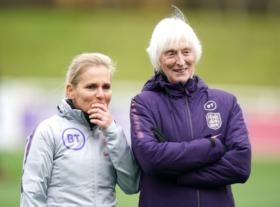 Sarina Wiegman (left) and Baroness Sue Campbell during an England training session at St George’s Park (Tim Goode/PA).