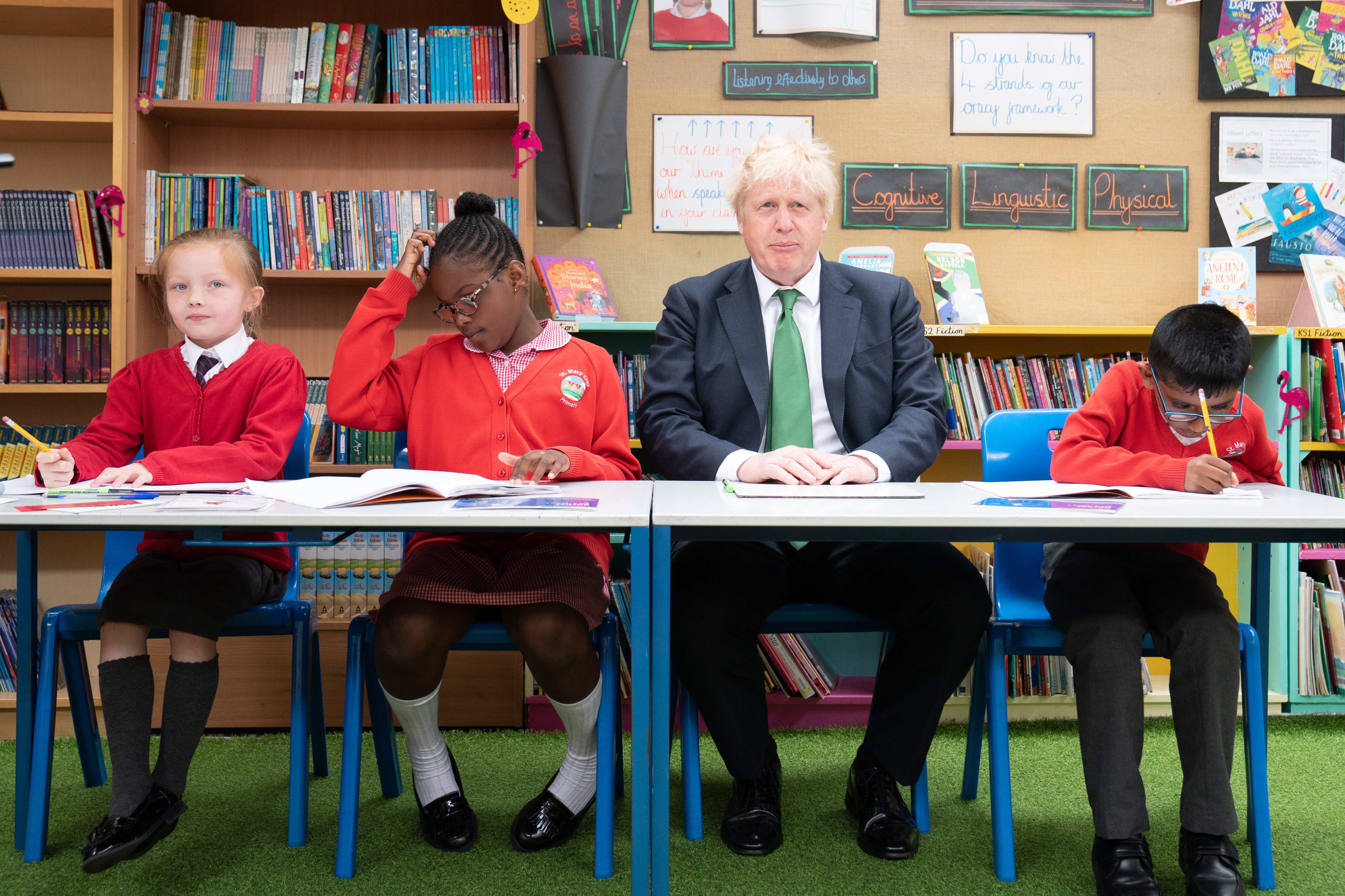 Prime Minister Boris Johnson during a visit to St Mary Cray Primary Academy, in Orpington (Stefan Rousseau/PA)
