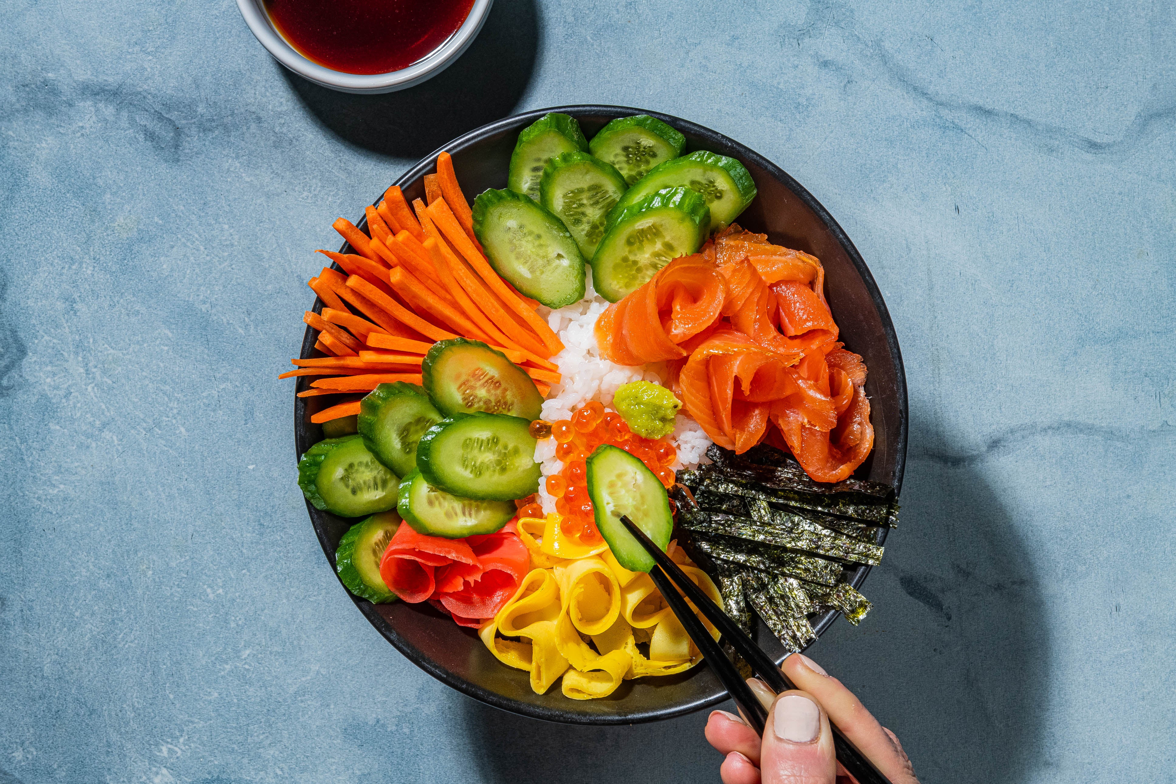 You can use whatever you have in the fridge in this sushi bowl
