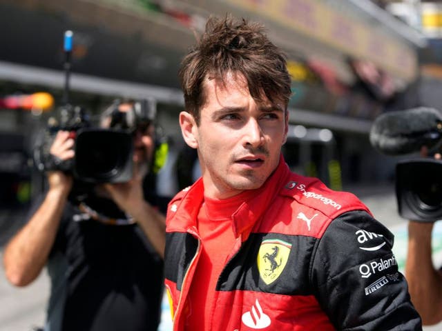 <p>Charles Leclerc reacts in the pitlane after his retirement at the Spanish Grand Prix</p>