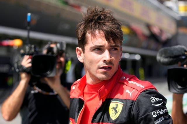 <p>Charles Leclerc reacts in the pitlane after his retirement at the Spanish Grand Prix</p>